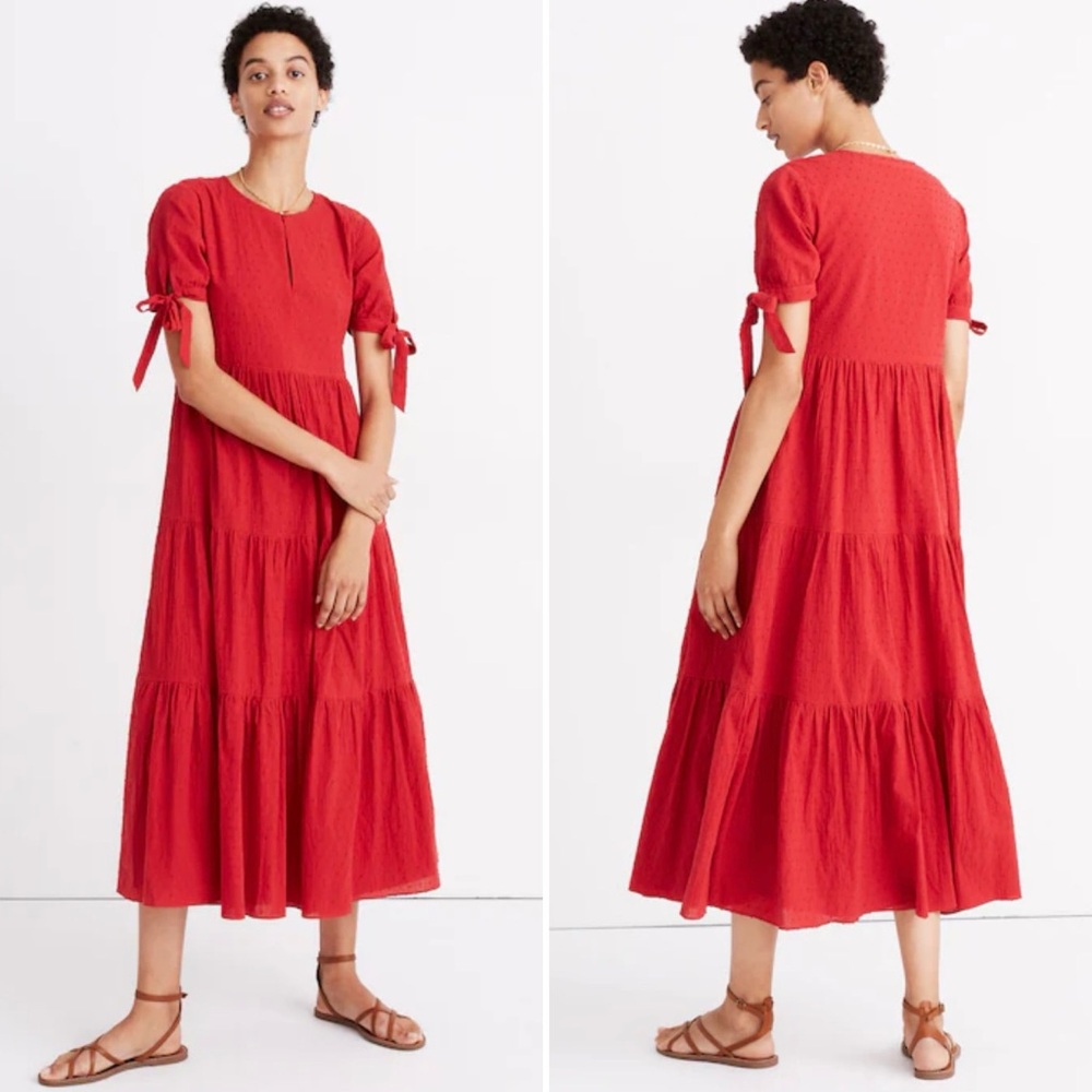 Madewell Tie-Sleeve Tiered Swiss Dot Midi Dress in Bright Ember Red Size XXS‎